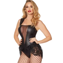 Adult Black Faux Leather and Lace Bodysuit