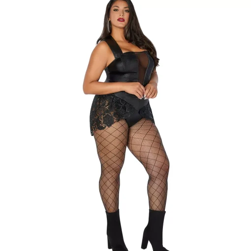 Adult Black Faux Leather and Lace Bodysuit