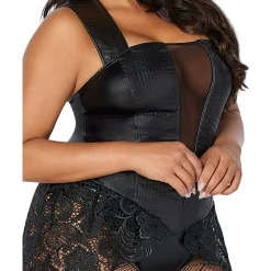 Adult Black Faux Leather and Lace Bodysuit
