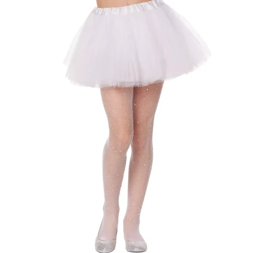Kids White Rhinestone Fishnet Tights