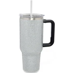 Silver Rhinestone Travel Tumbler with Straw - 40 oz.