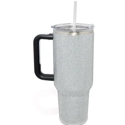 Silver Rhinestone Travel Tumbler with Straw - 40 oz.